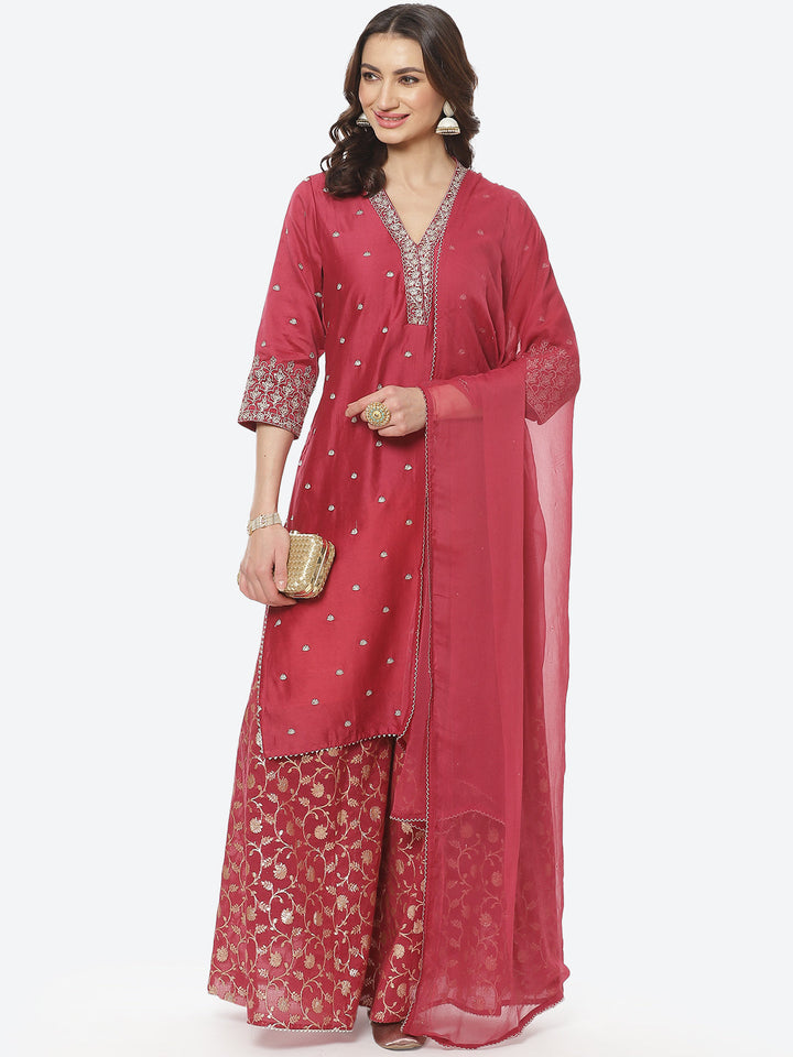 Zari Booti Embroidered Cotton Chanderi Stitched Salwar Kameez With Chiffon Dupatta