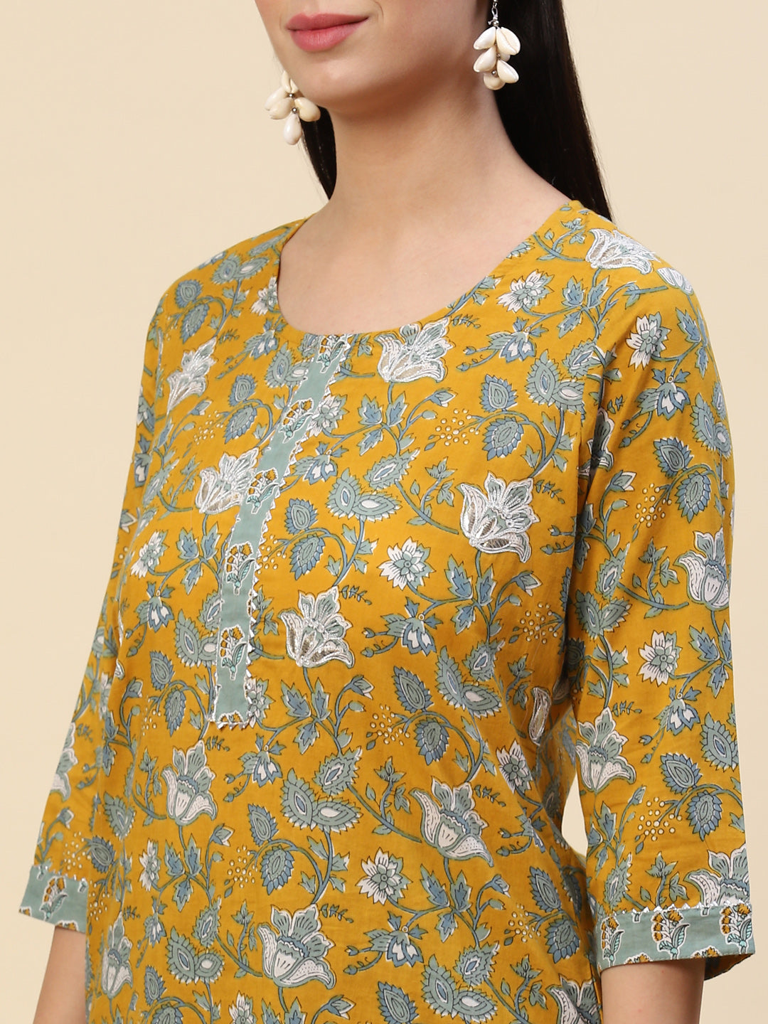 Block Printed Cotton Kurta With Pants &amp; Dupatta