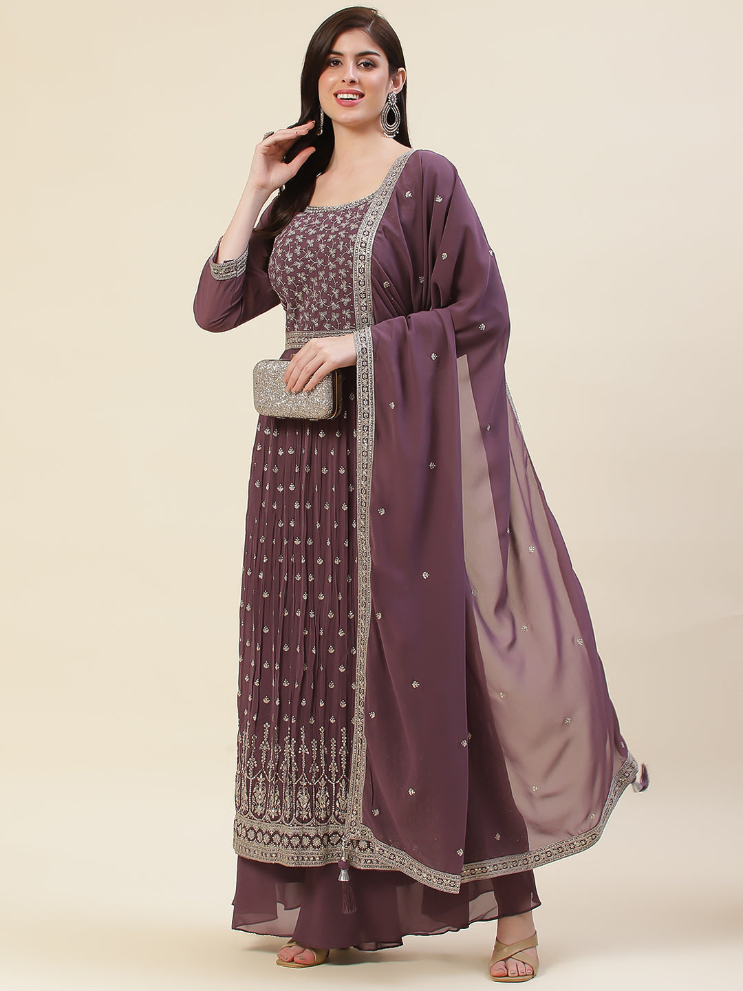 Zari Embroidered Booti Georgette Kurta With Palazzo &amp; Dupatta