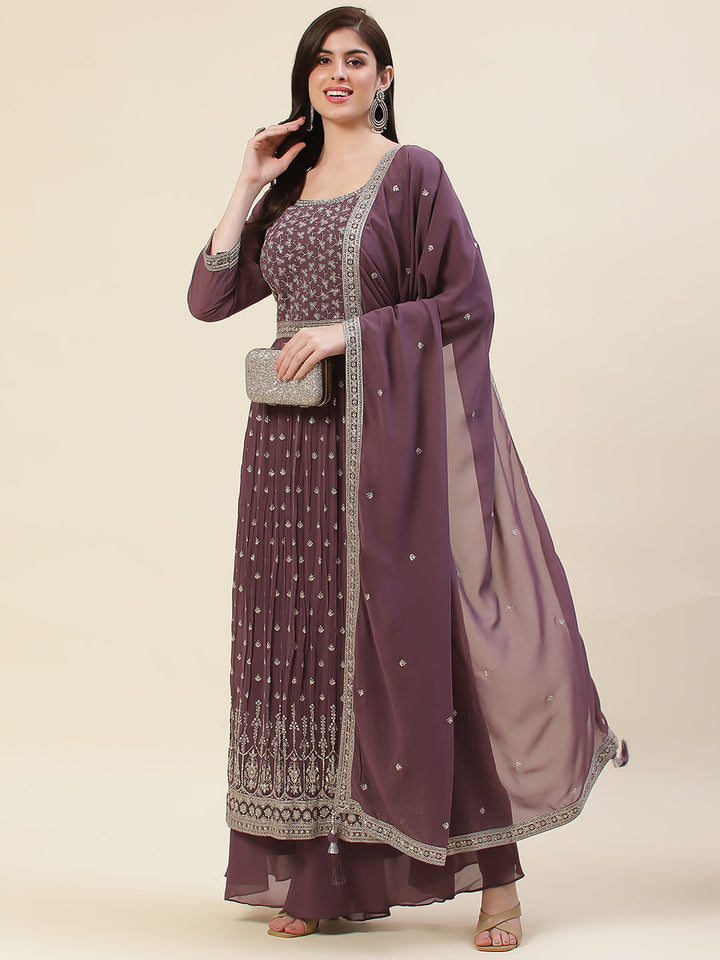 Zari Embroidered Booti Georgette Kurta With Palazzo &amp; Dupatta