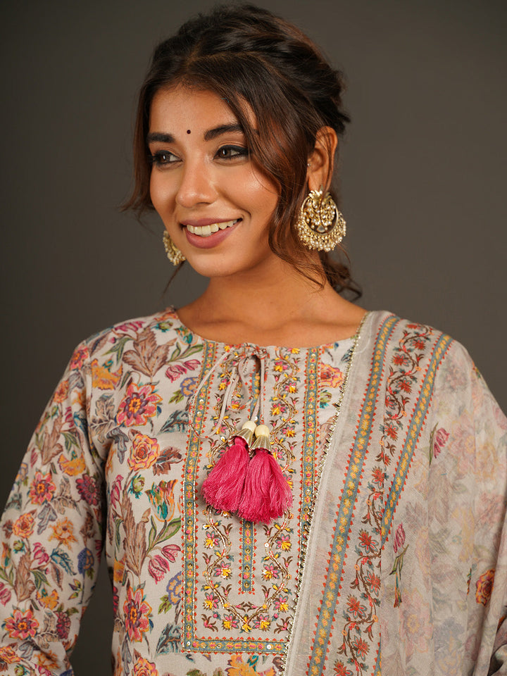 Floral Printed Muslin Kurta With Pants &amp; Dupatta
