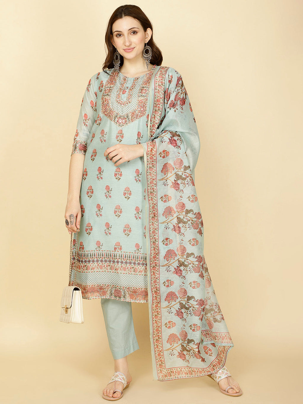 Floral Printed Chanderi Kurta With Pants & Dupatta