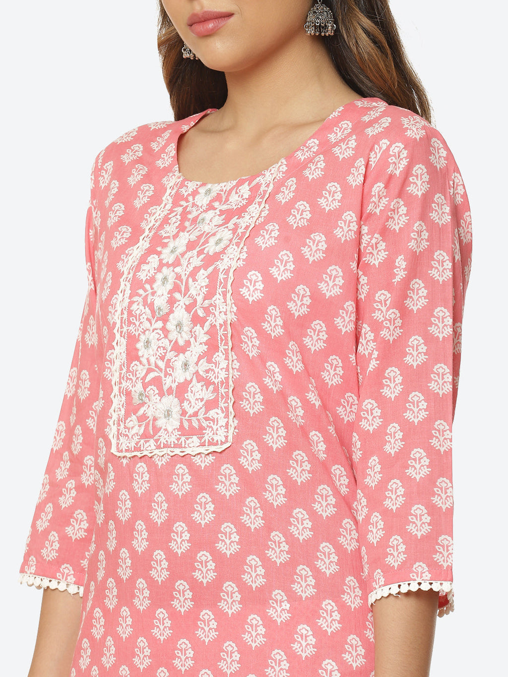 Floral Printed Cotton Kurta With Pant & Dupatta