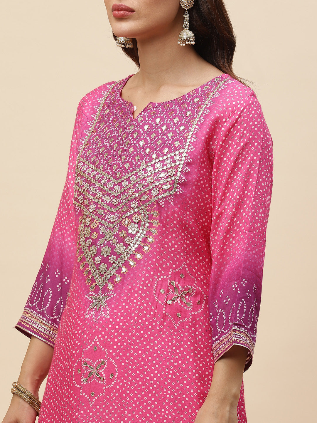Bandhani Printed Muslin Kurta With Sharara With Dupatta