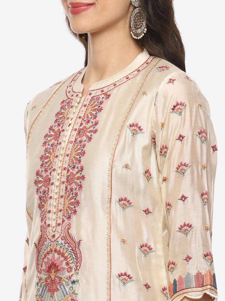 Resham Neck Booti Cotton kurta With Pant &amp; Dupatta