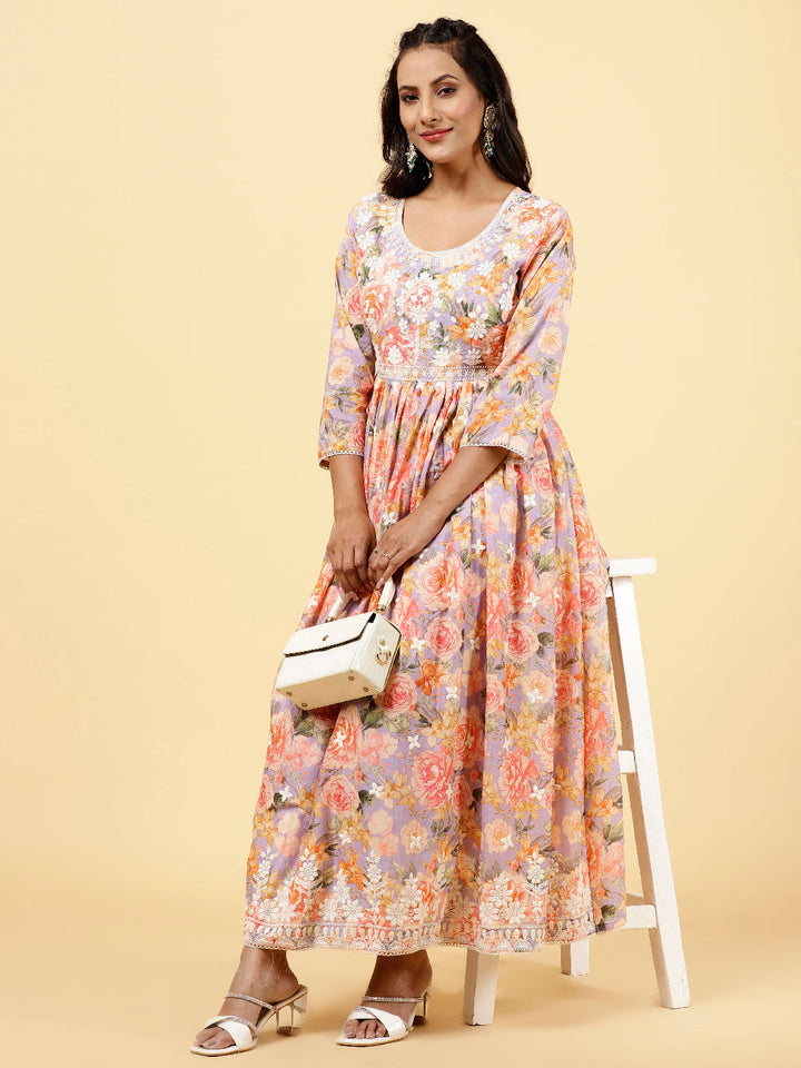 Floral Printed &amp; Neck Embroidered Cotton Kurta