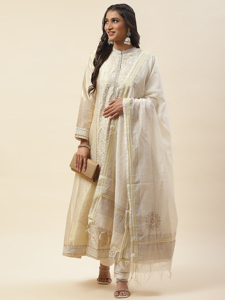 Resham Booti Embroidered Cotton Anarkali Kurta With Churidar &amp; Dupatta