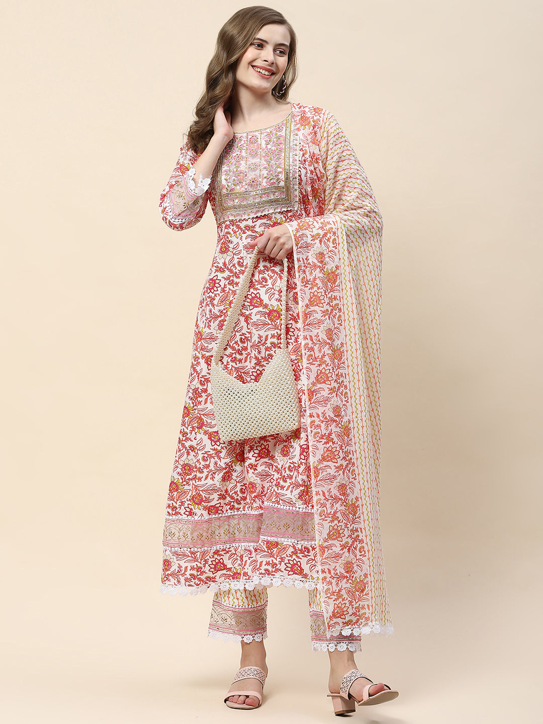 Floral Print Cotton Suit Set With Dupatta