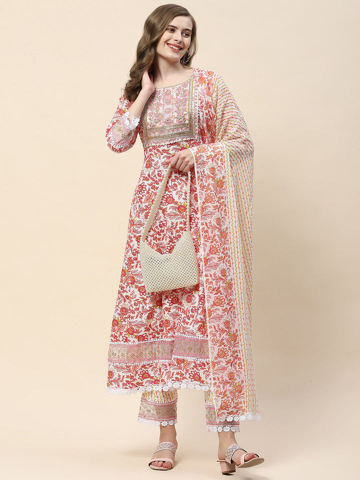 Floral Print Cotton Suit Set With Dupatta