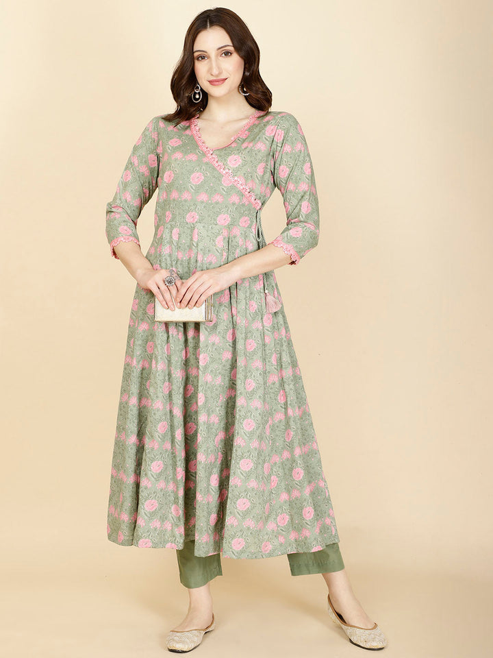 Floral Printed Cotton Anarkali Kurta With Pants
