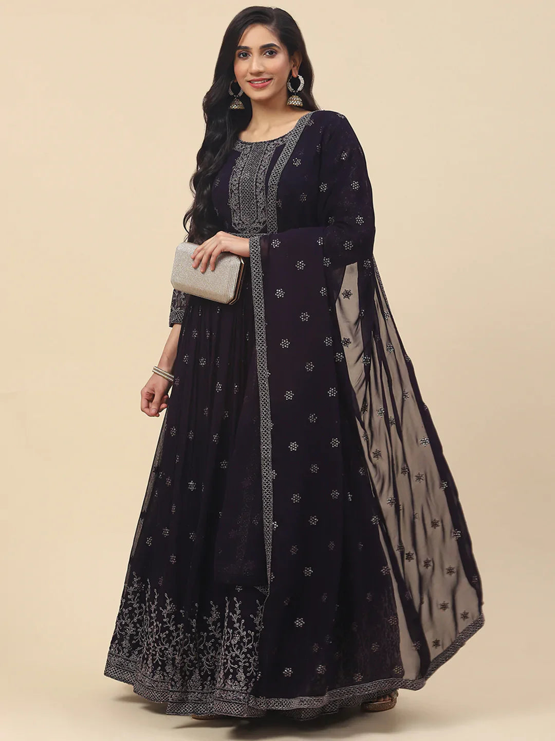 Resham Embroidered Georgette Kurta With Churidar &amp; Dupatta