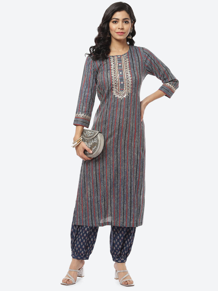 Printed Zari Neck Cotton Kurti With Afghani Pant