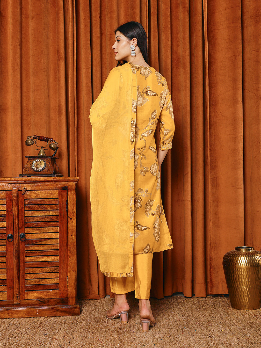 Resham Work Cotton Blend Kurta With Pants &amp; Dupatta