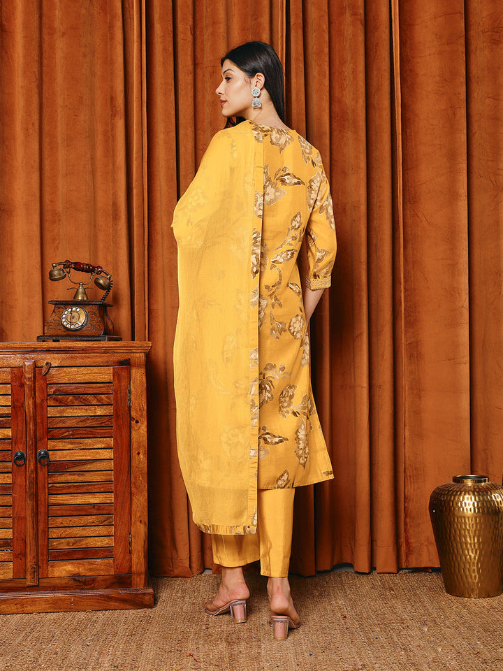 Resham Work Cotton Blend Kurta With Pants &amp; Dupatta