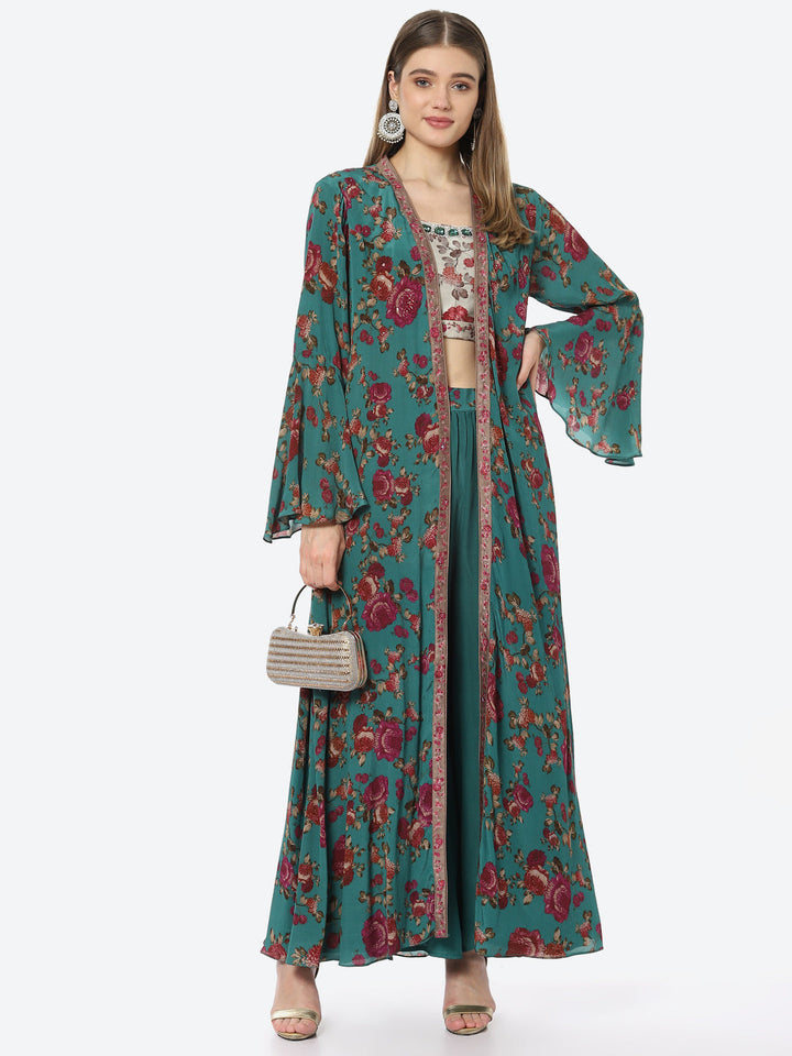 Digital Floral Printed Crepe Crop Top With Sharara &amp; Jacket
