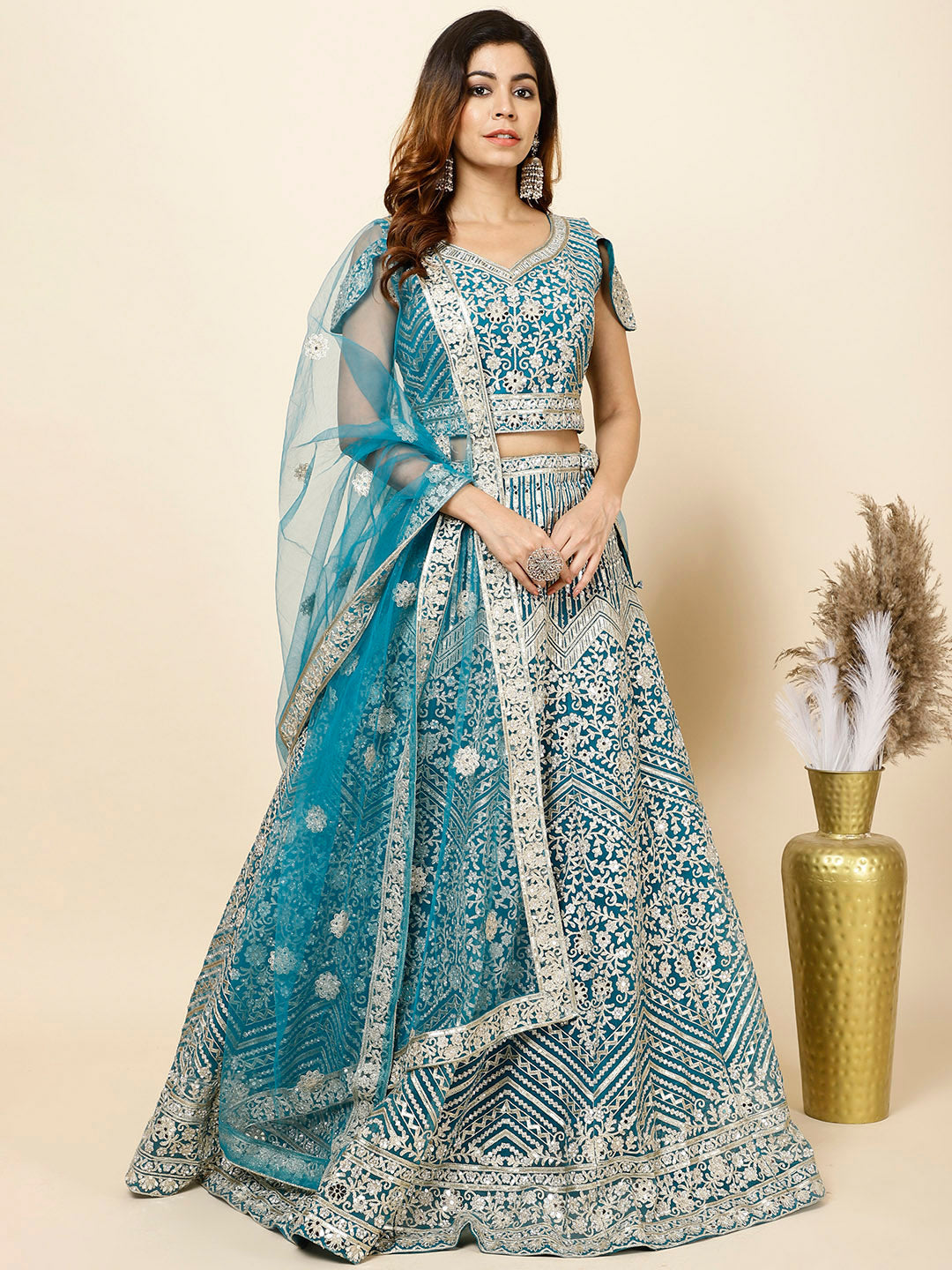 Zari Embroidered Net Choli With Lehenga &amp; Dupatta