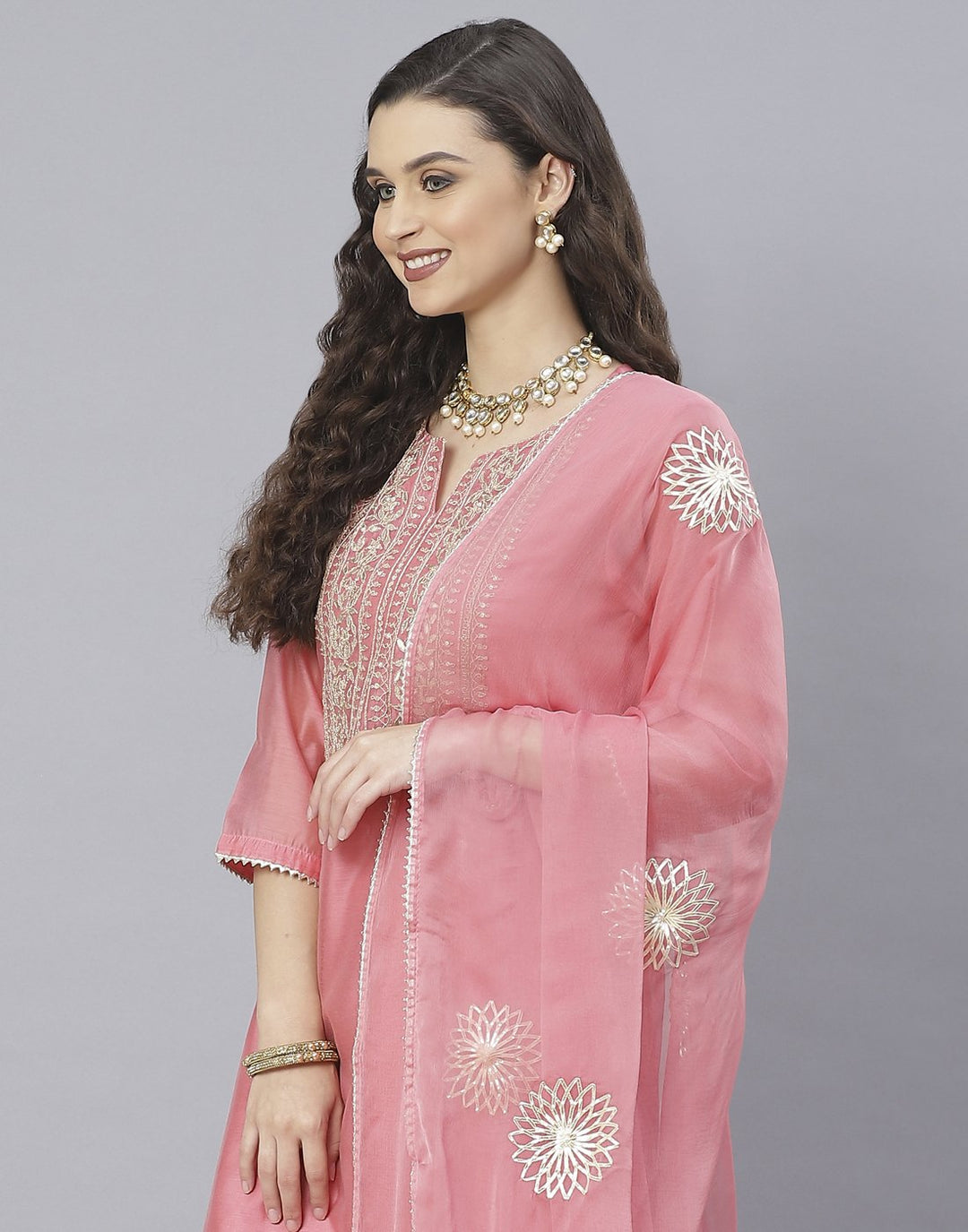 Peach Pink and Yellow Cotton Chanderi Salwar Kameez