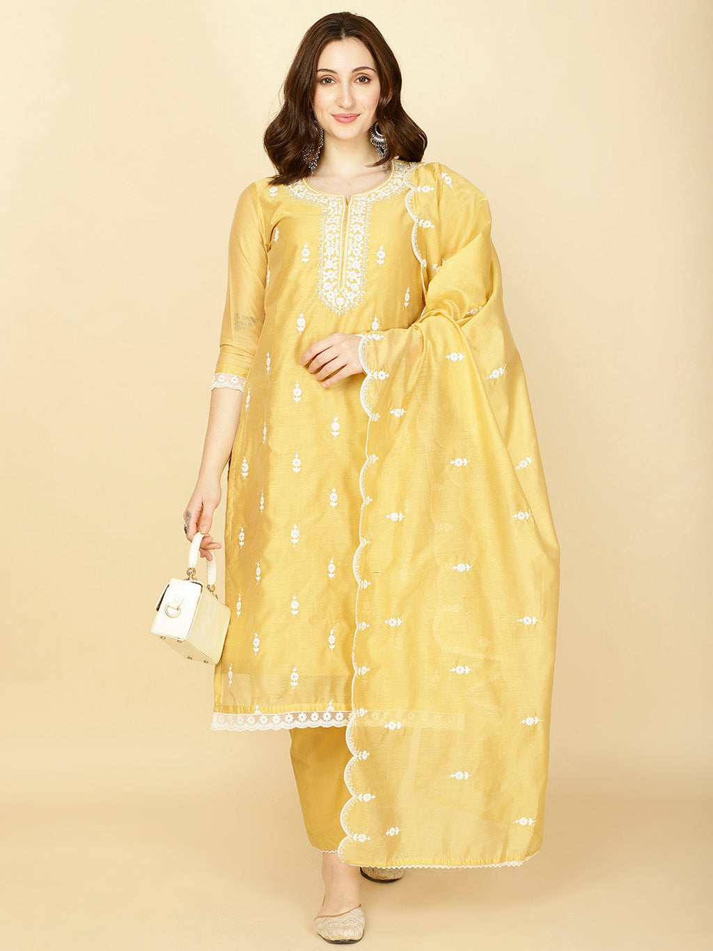Floral Embroidery Chanderi Kurta With Pants & Dupatta