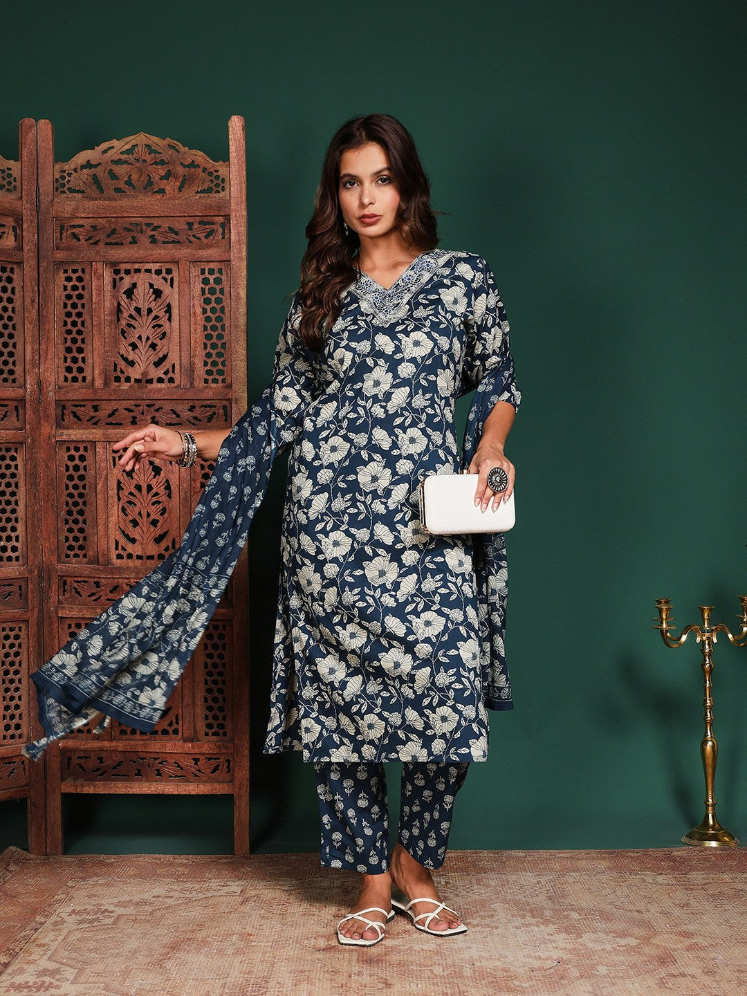 Printed Cotton Blend Kurta With Pant &amp; Dupatta