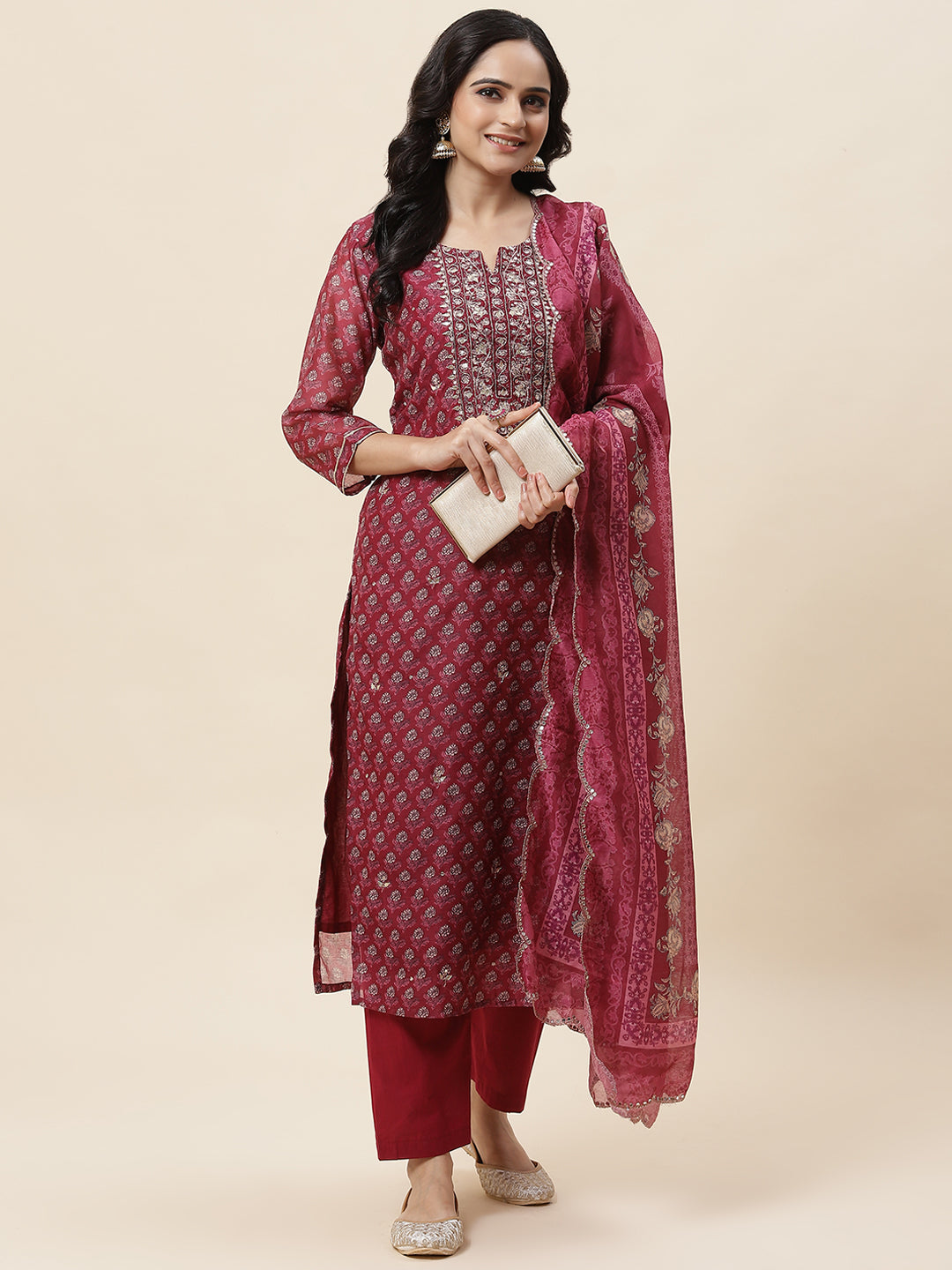 Floral Printed Chanderi Kurta With Pants & Dupatta