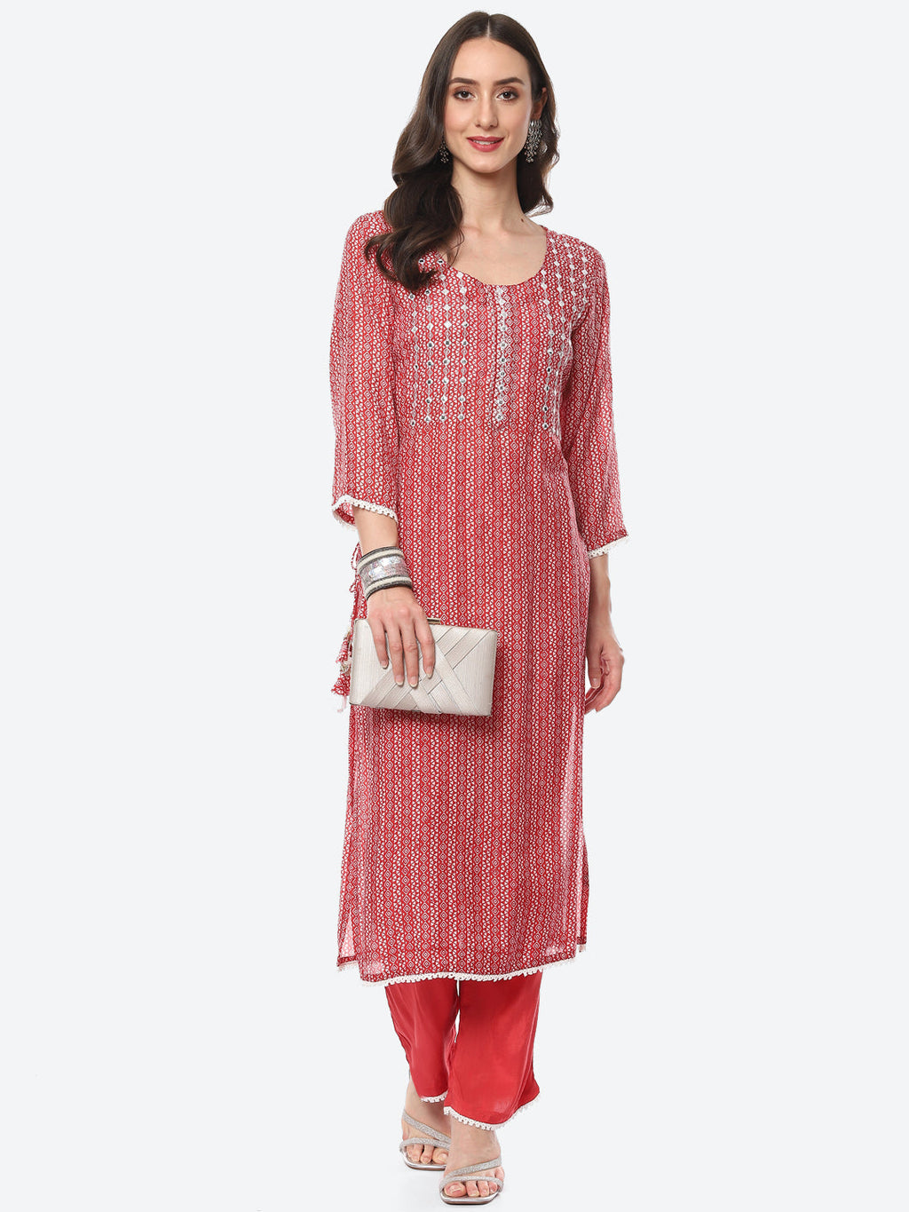 Mirror Neck Embroidered Printed Muslin Kurta With Palazzo