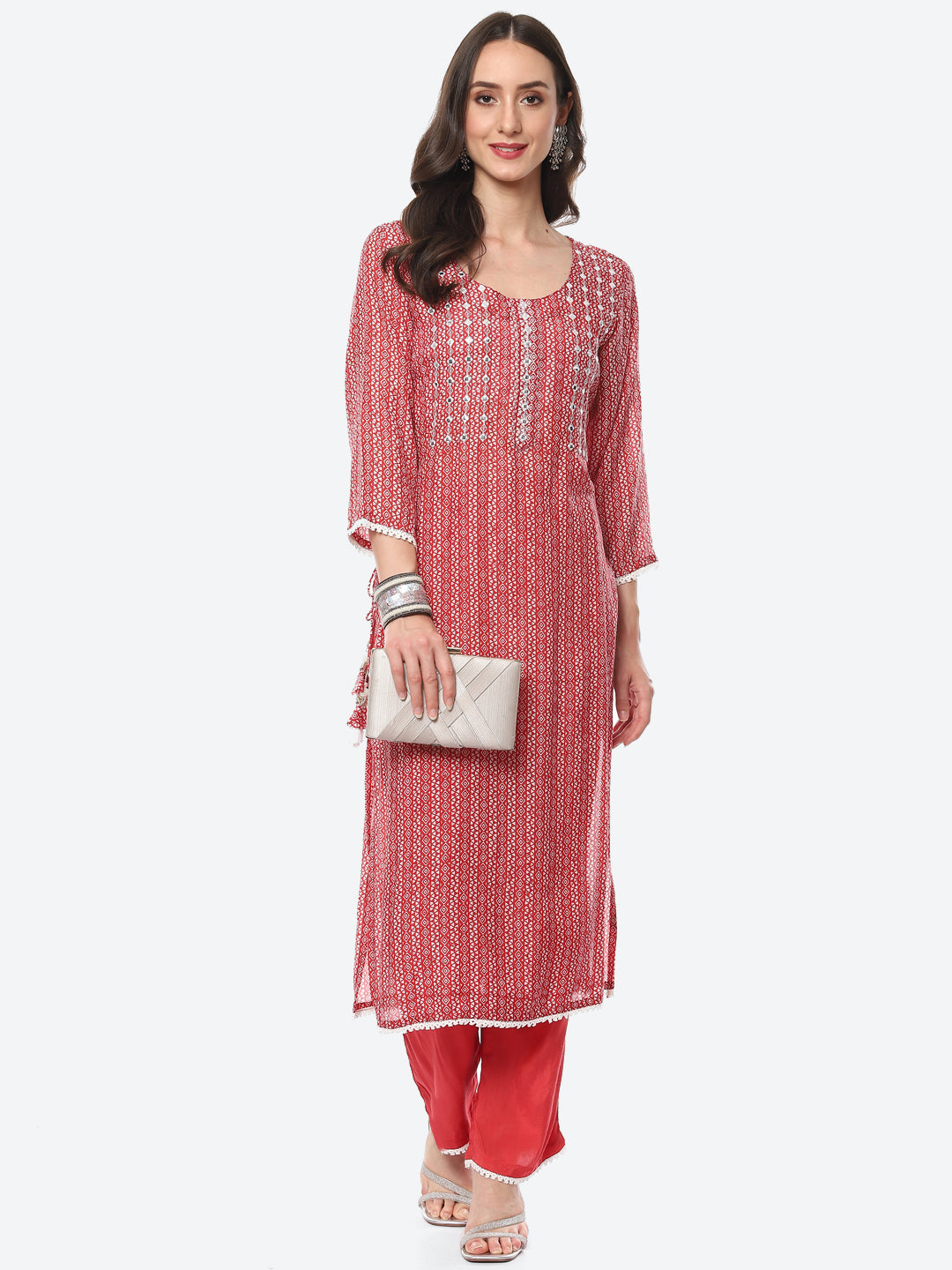 Mirror Neck Embroidered Printed Muslin Kurta With Palazzo