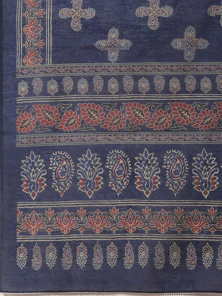 Indigo Printed Chanderi Unstitched Suit Piece With Dupatta