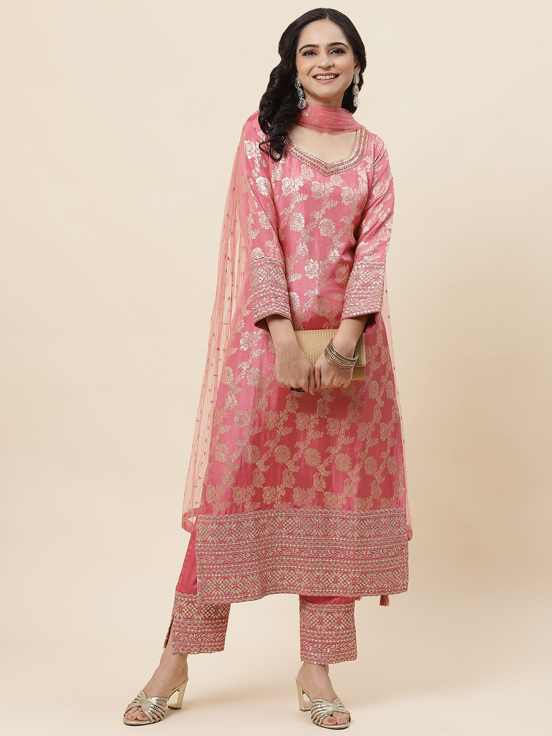 Floral Woven Handloom Kurta With Pants &amp; Dupatta