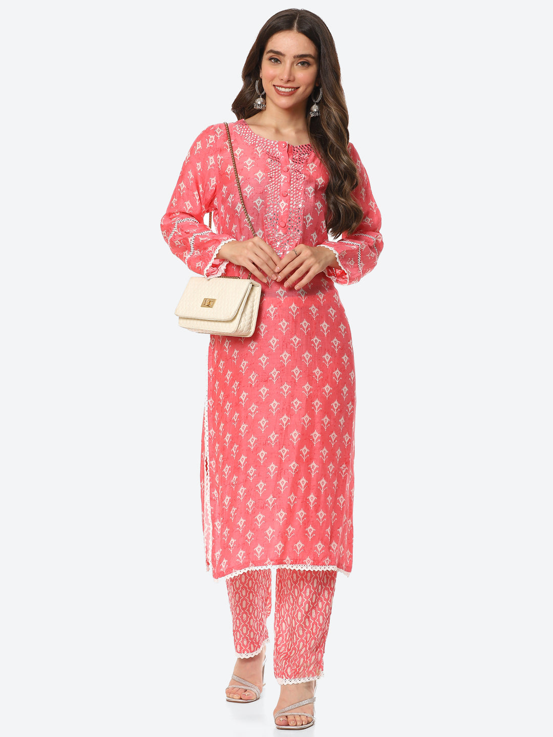 Printed Neck Embroidered Muslin Kurta With Pant