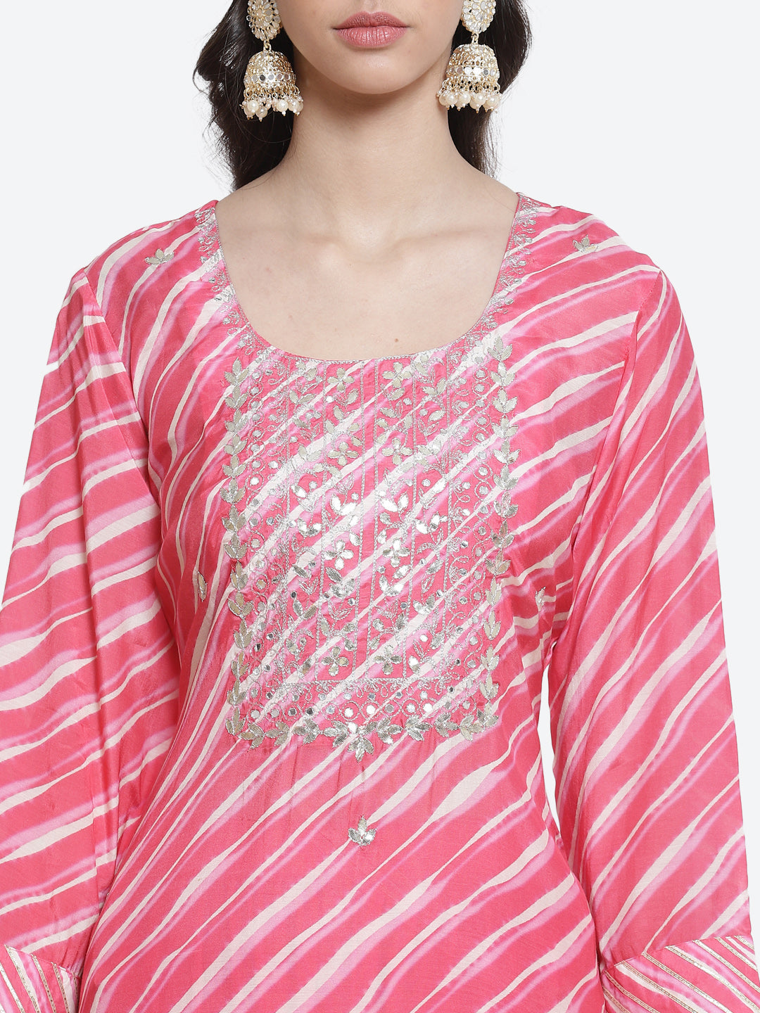 Leheriya Printed Gota Work Cotton Stitched Salwar Kameez With Printed Organza Dupatta