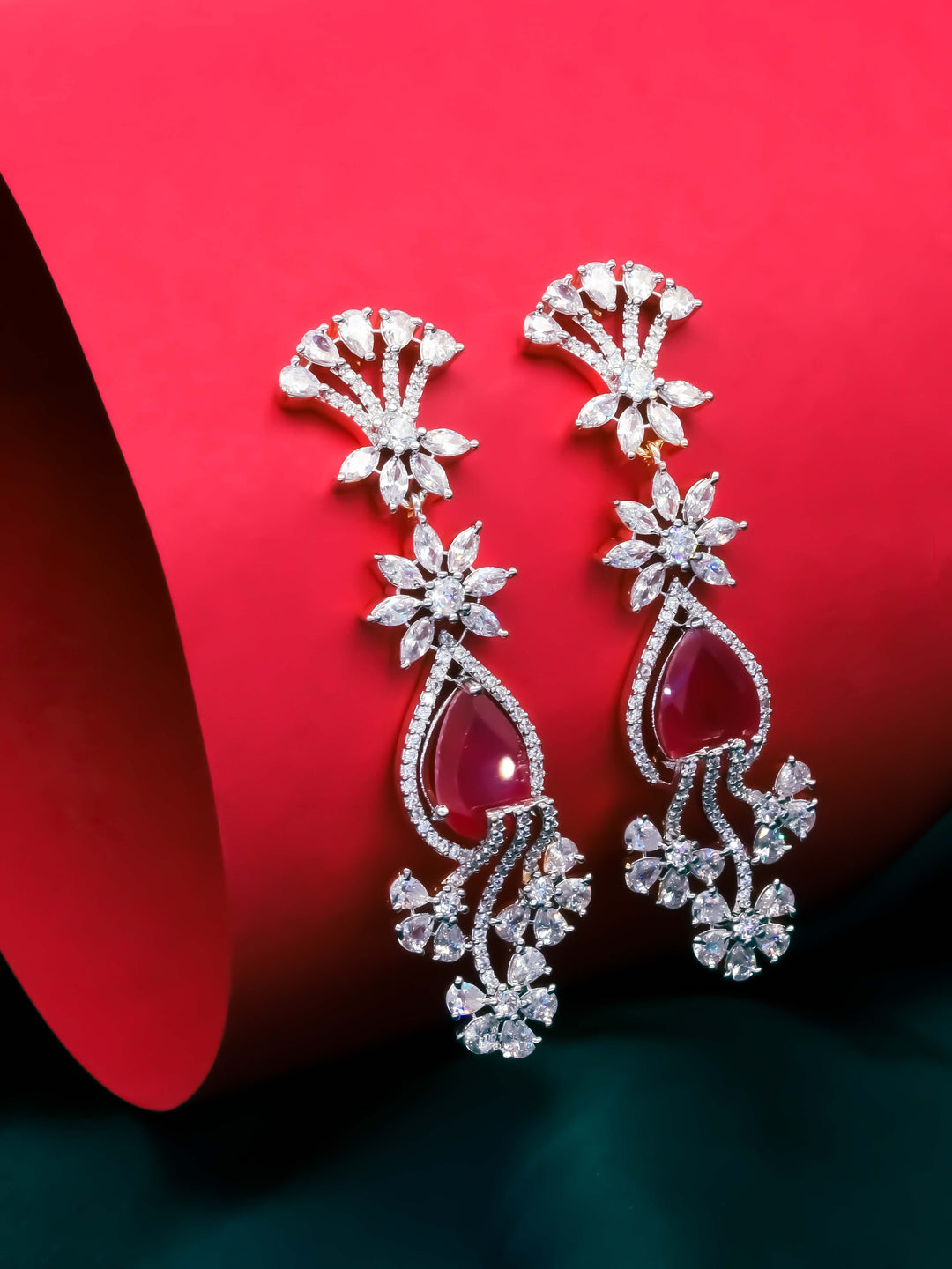 Silver &amp; Maroon AD Drop Earrings