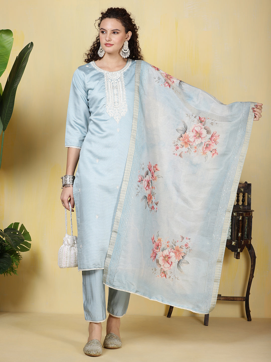 Neck Embroidered Cotton Blend Kurta With Pants &amp; Dupatta