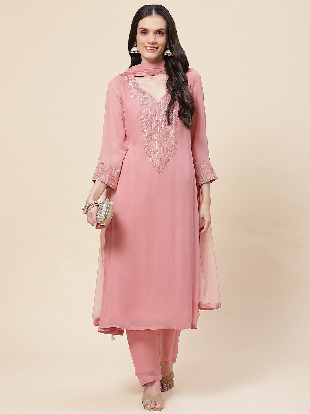 Neck Embellished Georgette Kurta With Palazzo &amp; Dupatta