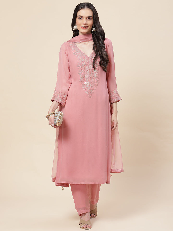 Neck Embellished Georgette Kurta With Palazzo &amp; Dupatta