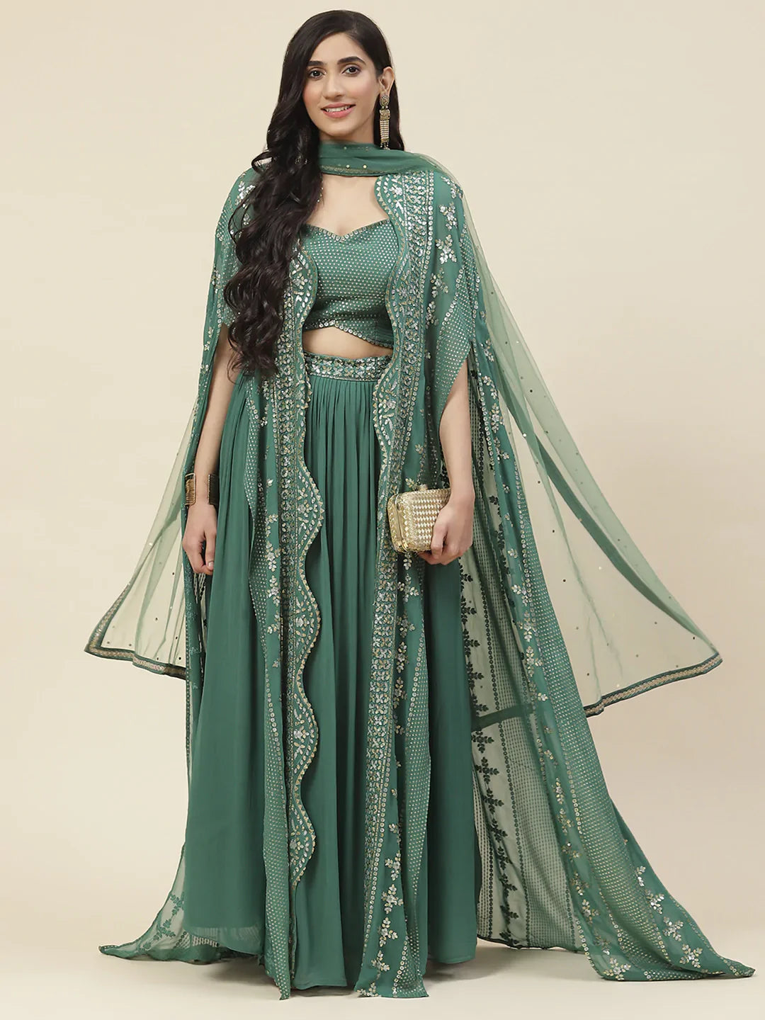 Sequin Embroidered Georgette Lehenga Choli With Dupatta &amp; Jacket
