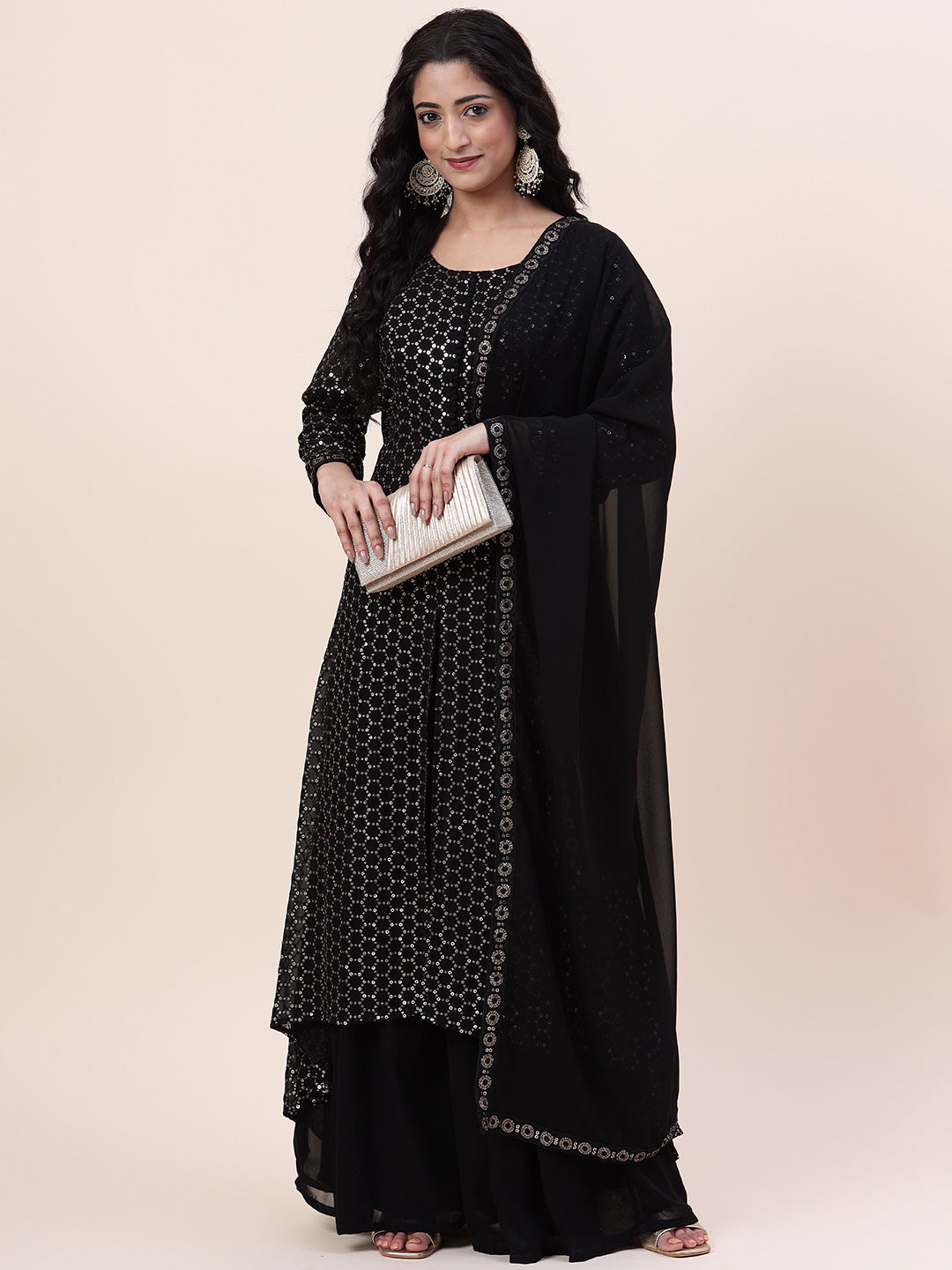 Sequin Embroidered Georgette Kurta With Palazzo &amp; Dupatta