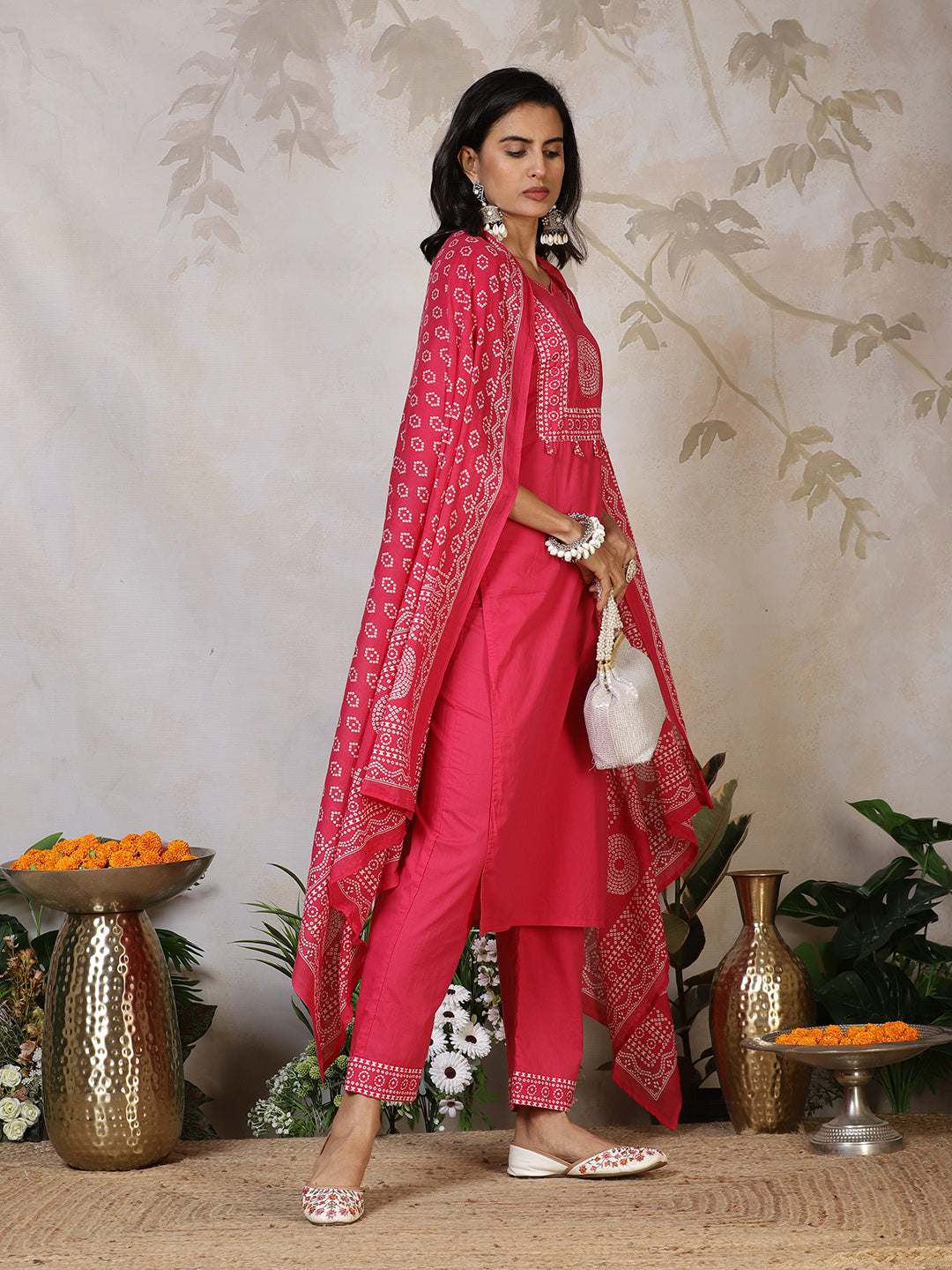 Printed Cotton Blend Kurta With Pants &amp; Dupatta