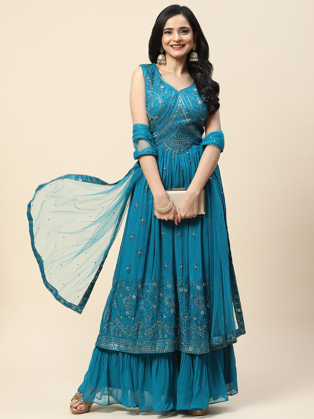Resham Booti Embroidered Georgette Kurta With Palazzo &amp; Dupatta