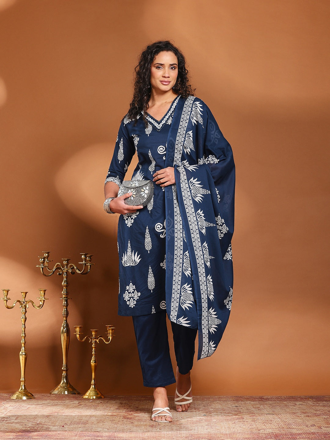 Printed Cotton Blend Kurta With Pant &amp; Dupatta
