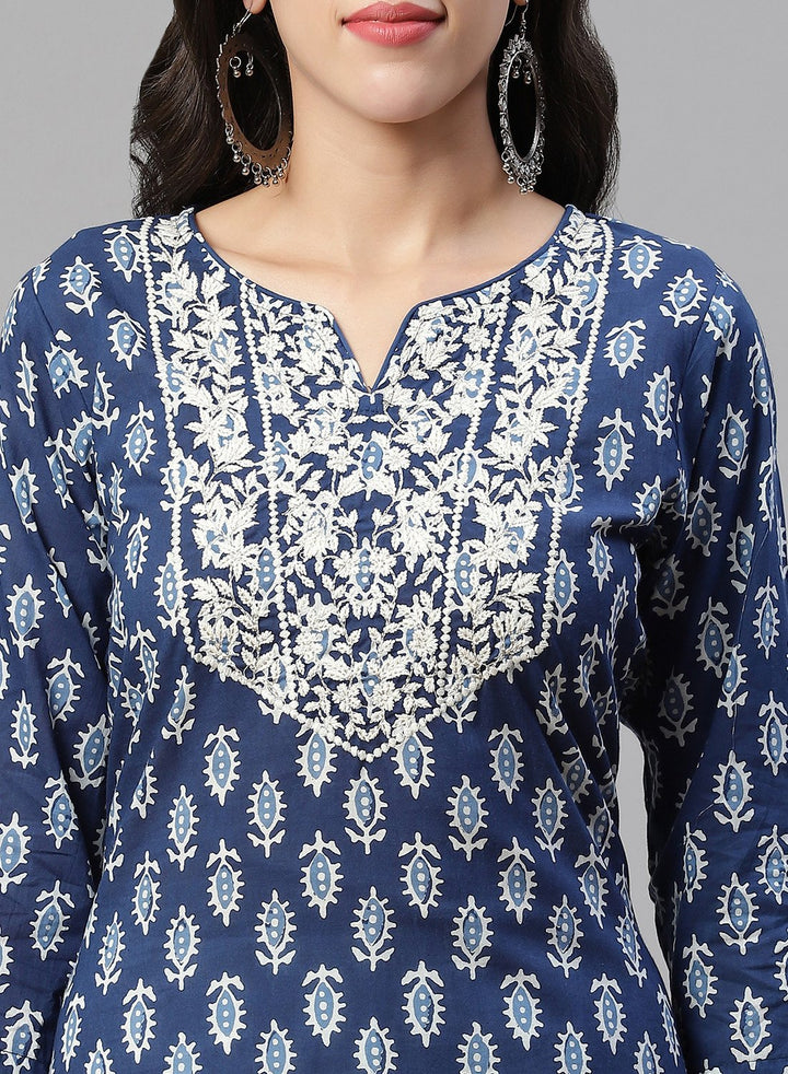 Yoke Embroidered Cotton Printed Kurti Pant Set