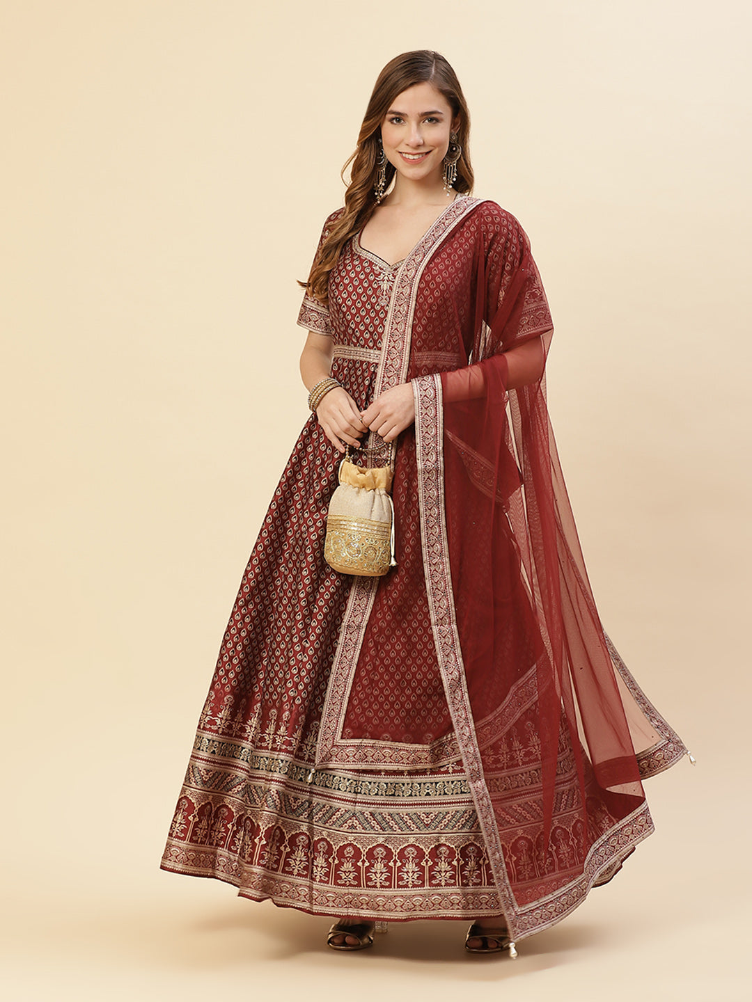 Art Tussar Digital Printed Anarkali Kurti With Chudidar And Dupatta