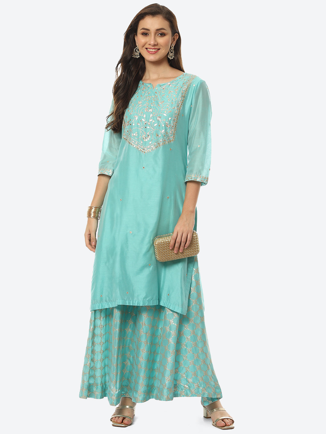 Embroidered Chanderi Kurta With Skirt