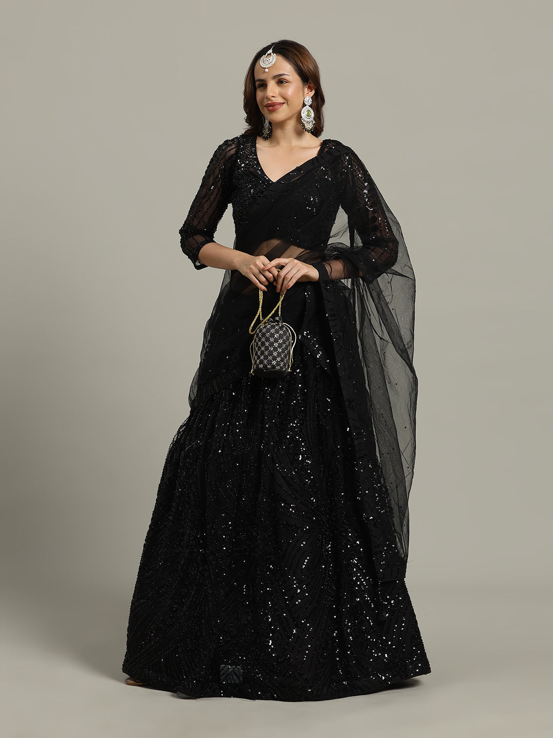Sequin Embroidery Net Choli With Lehenga &amp; Dupatta