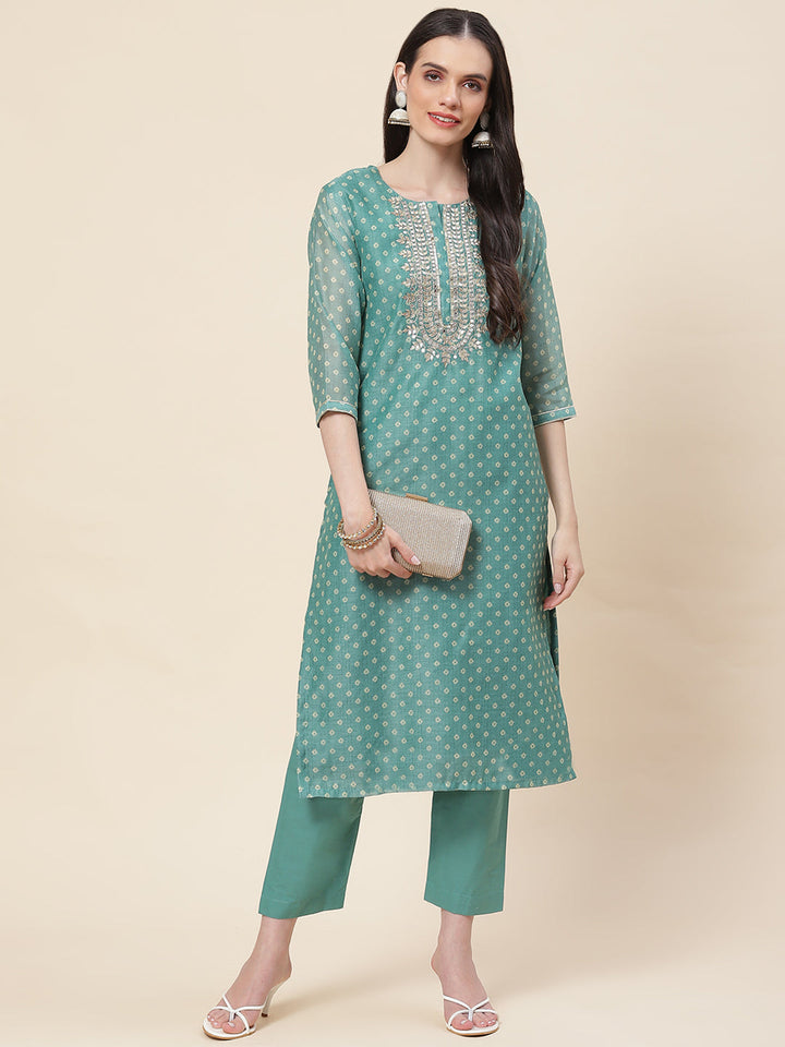 Printed &amp; Neck Embroidered Chanderi Kurta With Pants