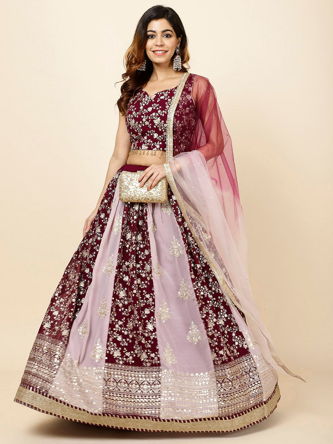 Zari Embroidered Georgette Choli With Lehenga &amp; Dupatta