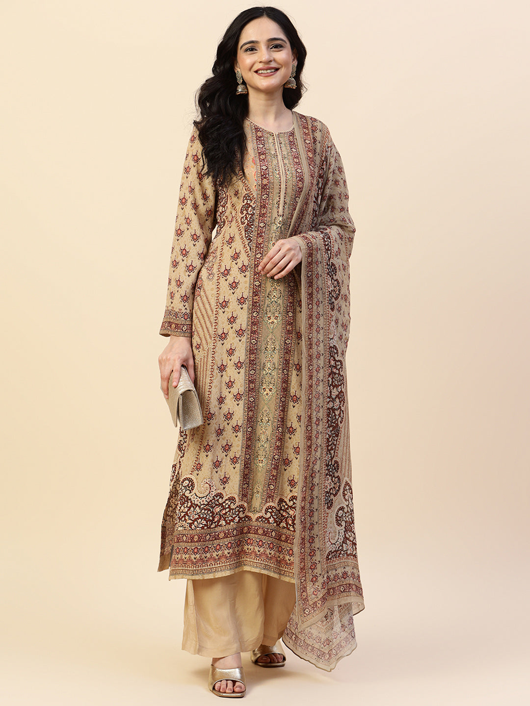 Digital Printed Crepe Kurta With Palazzo &amp; Dupatta