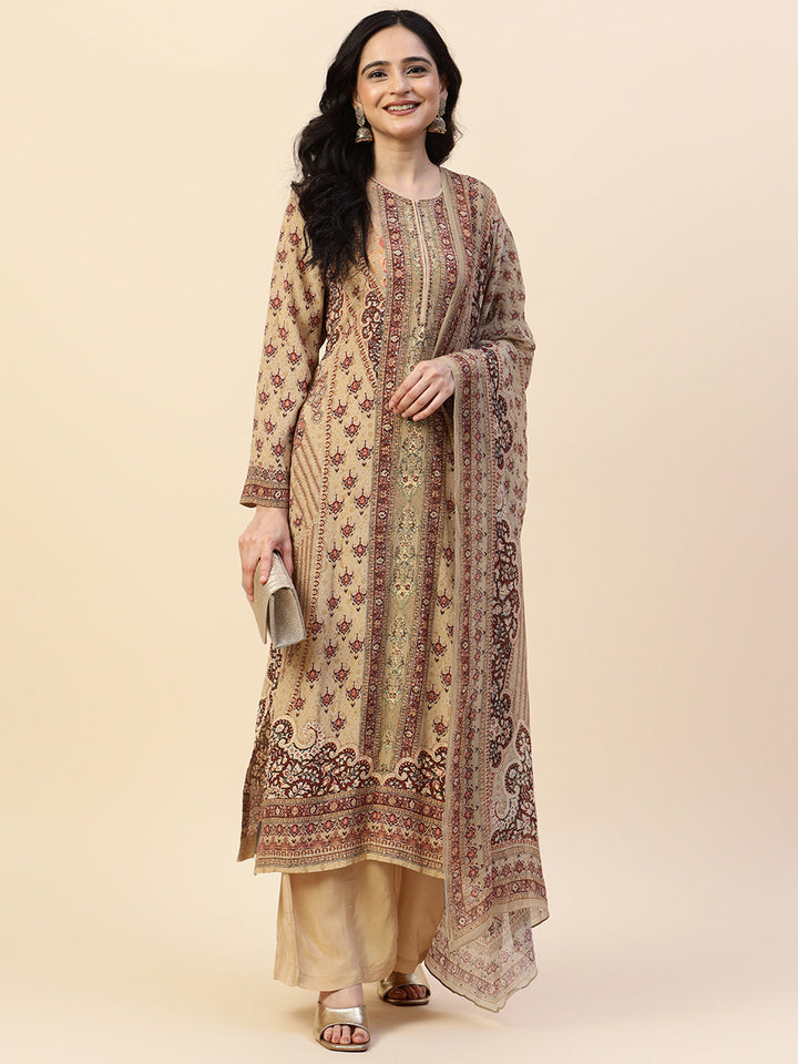 Digital Printed Crepe Kurta With Palazzo &amp; Dupatta