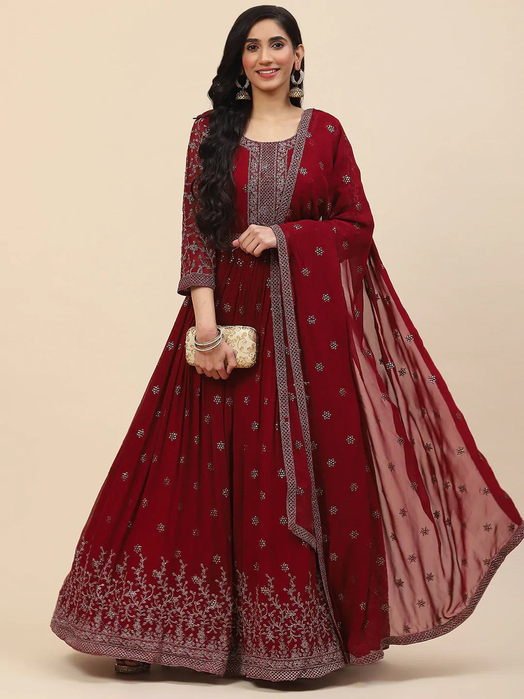 Resham Embroidered Georgette Kurta With Churidar &amp; Dupatta