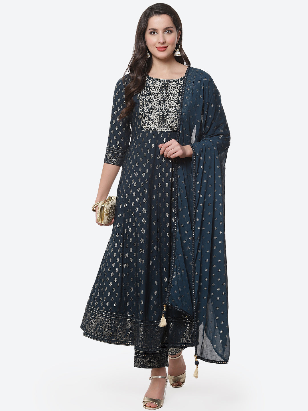 Printed Zari Neck Cotton Stitched Anarkali Salwar Kameez With Chiffon Dupatta