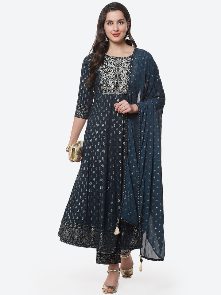 Printed Zari Neck Cotton Stitched Anarkali Salwar Kameez With Chiffon Dupatta